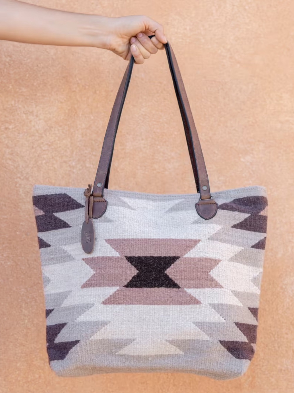 MZ Fair Trade Wool Tote Bag Handmade Oaxaca Mexico Aztec Leather Straps
